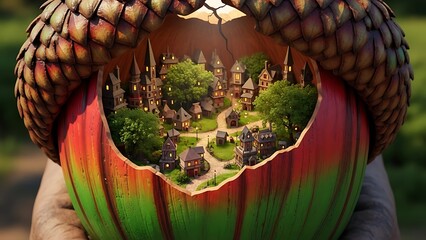 A miniature fantasy village nestled inside a cracked open seed pod showcasing vibrant green trees winding paths and tiny houses evoking a sense of hidden wonder and natural magic
