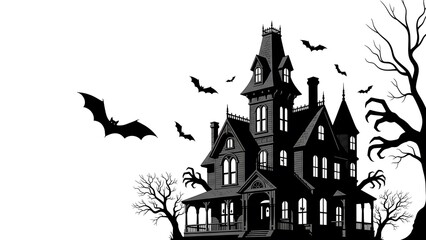 Haunted victorian mansion silhouette with bats and spooky trees