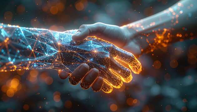 Digital Harmony: A striking visual representation of a handshake, symbolizing the fusion of human and artificial intelligence, is interconnected with networks.