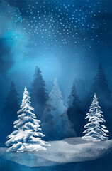 Winter watercolor banner with doodle elements. Dark blue watercolor sketch of winter night on textured paper. Snow-covered winter forest