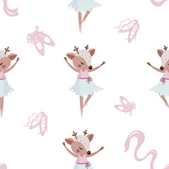 Ballet dancing fawn, a girly deer dancer white pattern, cute pastel ballerina pattern, ballet slippers © fotoolic
