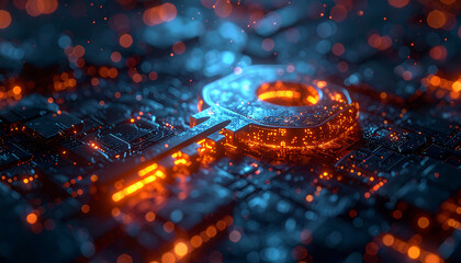 Digital Encryption Key: A close-up view of an intricately designed digital key resting on a circuit board, illuminated by glowing orange and blue lights, symbolizing digital security and access.