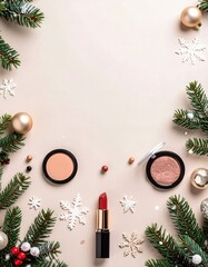 Cream christmas background poster with cosmetic product and fir branch