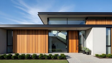 Modern home exterior with wood accents and clean lines under a bright blue sky