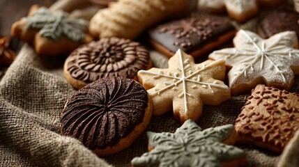 Holiday cookie assortment in muted earthy tones on rustic burlap fabric, warm ambience with central copy space