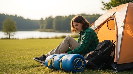 Young woman in green plaid shirt sitting next to an orange tent with a sleeping bag and backpack in a grassy field by a lake at sunset