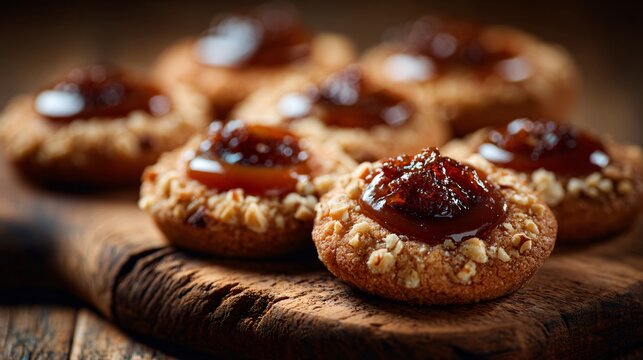 Hazelnut thumbprint cookies filled with caramel on rustic wooden board, warm ambience with breathing room