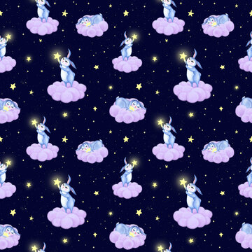 A seamless good night pattern with rabbits catching stars, a dark blue background with a cute bunny sleeping on a pink cloud in a starry sky, sweet dreams design