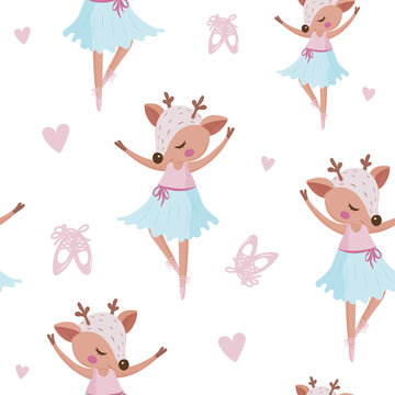 Ballet dancing fawn, a girly deer dancer pattern, cute pastel ballerina background