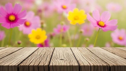 Old wooden tabletop in focus with blurred spring flower garden