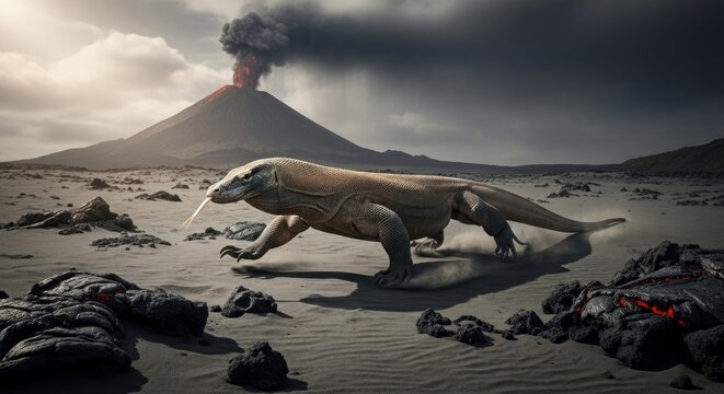 A large reptile sprints across desolate, ashy land with a volcanic eruption behind it