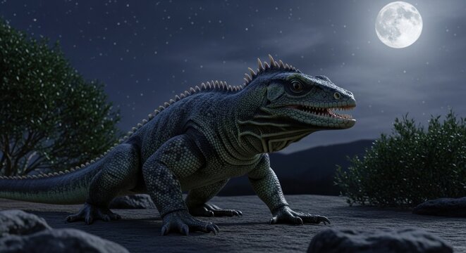 A large reptile stands facing left on a starry night, lit by a full moon
