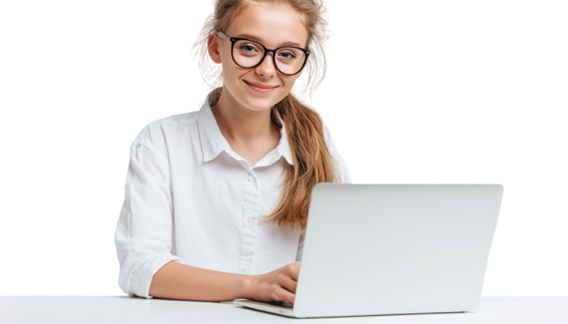 Young Woman Wearing Glasses Typing on Laptop isolated on a transparent background