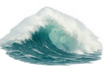 Powerful ocean wave breaking with white foam, showing natural energy and movement, isolated on transparent background