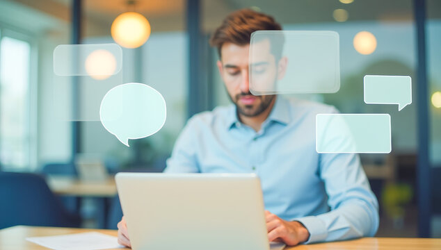 businessman with a laptop at the table , dialogue bubbles - Powered by Adobe