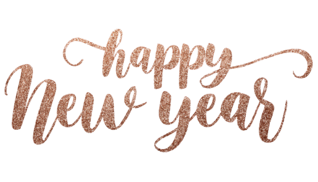 Rose gold glitter happy new year text isolated on a transparent background - Powered by Adobe