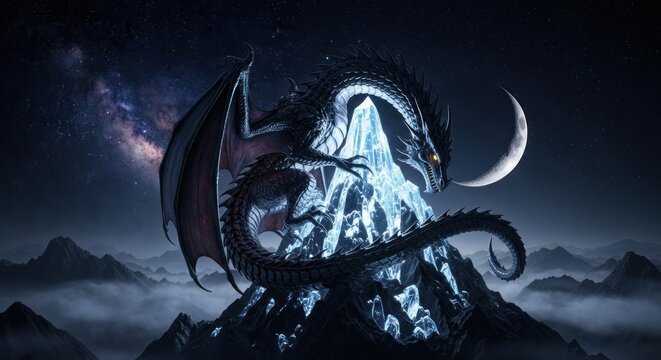A majestic dragon perches atop a glowing ice mountain under a starry night sky