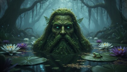 Waterman in a mysterious magical mood at his pond representing &ldquo;The Waterman&rdquo; fairy tale against a twilight water backdrop