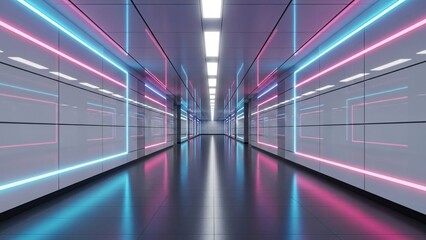 Futuristic Sci-Fi corridor with glowing blue and pink neon lights in a long empty hallway