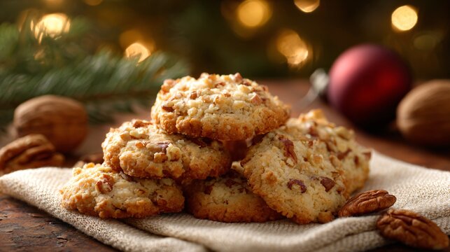 Nut cluster holiday cookies on warm beige textile, cozy lighting and right-side copy zone