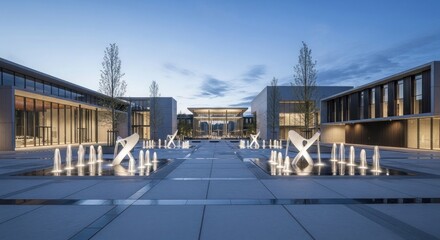 Obraz premium A modern plaza with fountains and sculptures between illuminated contemporary buildings at dusk