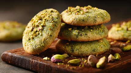 Pistachio butter cookies with golden edges displayed on dark walnut board, natural daylight and clean copy zone