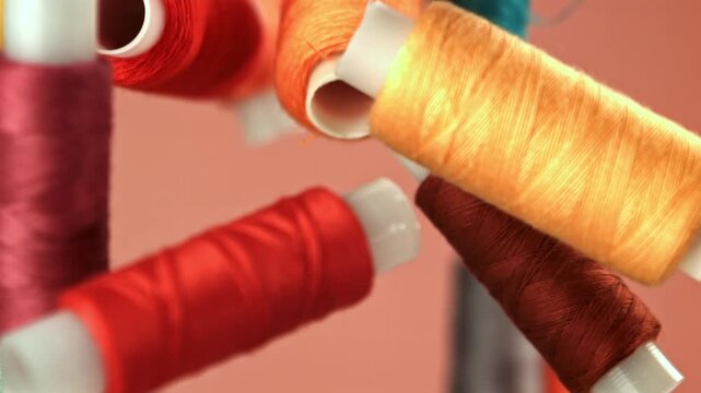 Sewing threads fly on a red background. Filmed on a high-speed camera at 1000 fps. High quality FullHD footage