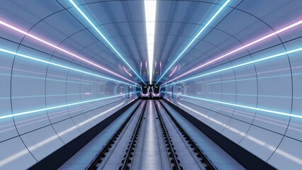 A high-speed journey through a futuristic subway tunnel illuminated by glowing blue and pink neon lights