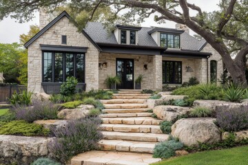 A charming stone house is nestled within a beautifully landscaped garden, featuring a lovely stone pathway, all set in a serene suburban neighborhood illuminated by daylight