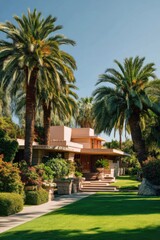 Fototapeta premium The contemporary architectural design beautifully integrates with a serene garden environment, featuring elegant palm trees and meticulously landscaped greenery under the bright daylight