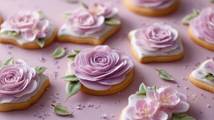 Rosewater sugar cookies with floral icing on pale lavender surface, delicate details and minimal layout