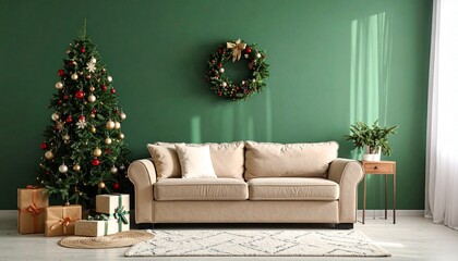 Cozy Christmas living room with decorated tree, gifts, beige sofa, wreath, and natural light.