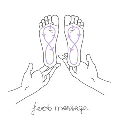 Foot massage concept, indicating the direction of movement. Inspection, prevention reflexes and therapy. Reflexology.  The hands of a massage therapist massaged feet in gray.  EPS10.