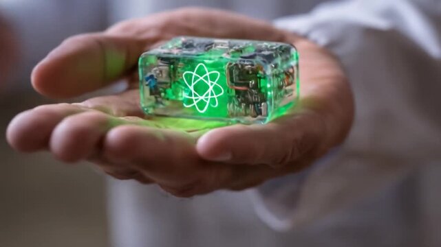 Scientist holding glowing green futuristic technology cube with atomic symbol. Concept of advanced energy, quantum computing, or innovation.