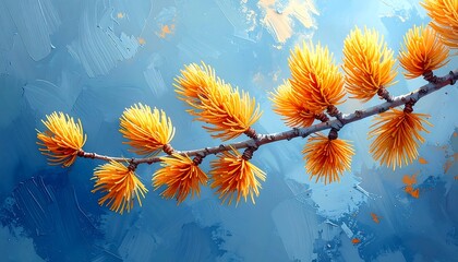 Close-up of yellow foliage on a branch against a blue background