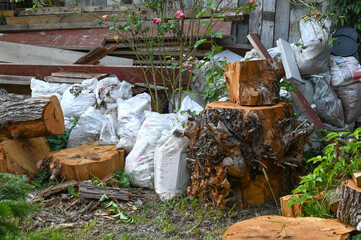 Wood piles and gardening debris displayed in a rustic yard with flowers and greenery during daylight hours
