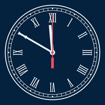 Аnimated clock with a round dial and Roman numerals on a dark blue background. The animation is accelerated 60 times, so that in half a minute the minute hand passes half the dial