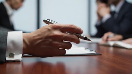 Close-up of a businessmans hand writing notes during a corporate meeting in a modern office setting. - Powered by Adobe
