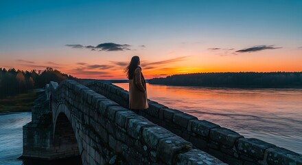 Woman on Ancient Bridge at Sunset - A Moment of Serenity.