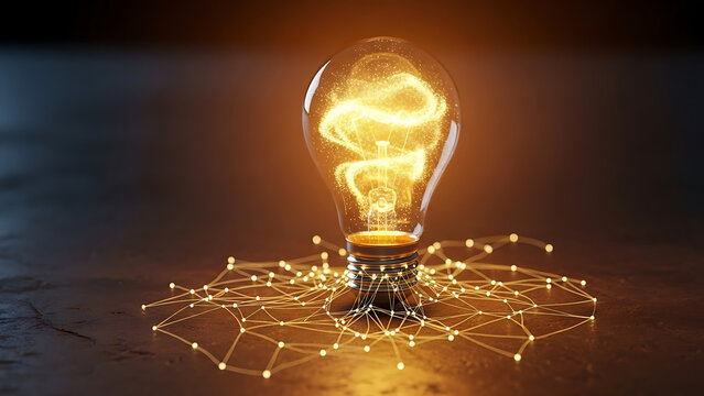 Idea light bulb with glowing particles and connected network