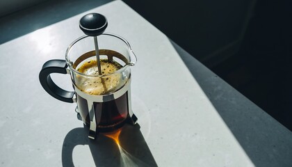 French press filled with freshly brewed coffee on a clean kitchen countertop, warm reflections and natural soft lighting.