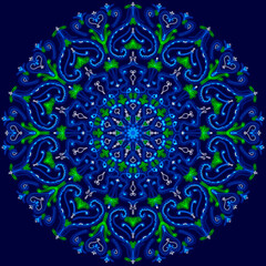 Symmetrical openwork pattern on a dark blue background. It can be used for printing on various materials or as a project for lighting design.