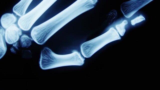 A medical image reveals the bones of a human hand, in a glowing, cool-toned X-ray view