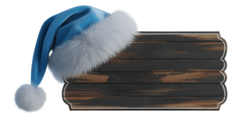 Blue santa hat resting on rustic wooden sign isolated on transparent background