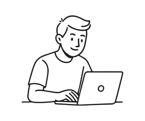 Young man works on laptop with determination and focus, perfect for technology, business, or student themes, offering a modern, clean visual