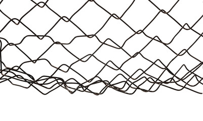 The texture of the metal mesh on a white background. Torn steel, metal mesh with holes