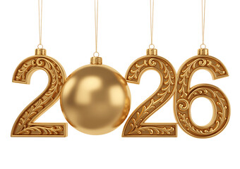 Golden 2026 numbers and ornament isolated on transparent background