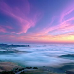 Fototapeta premium Sunset Sky Above Rolling Hills and Fog