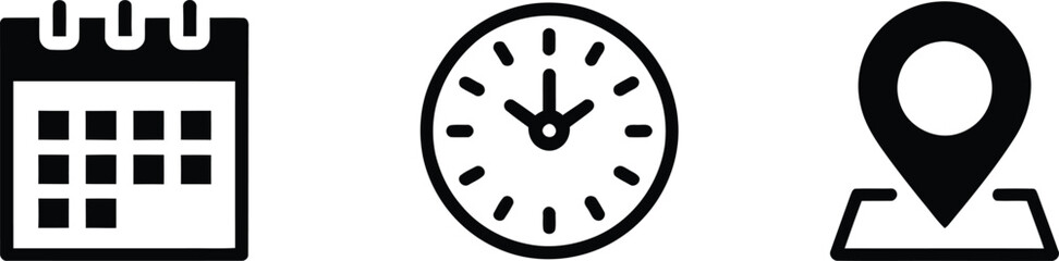 Black outline icons of calendar clock and location isolated on white