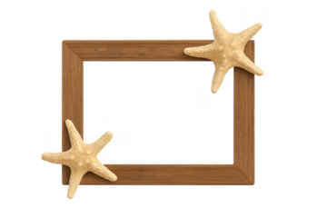 Wooden frame with starfish on transparent background